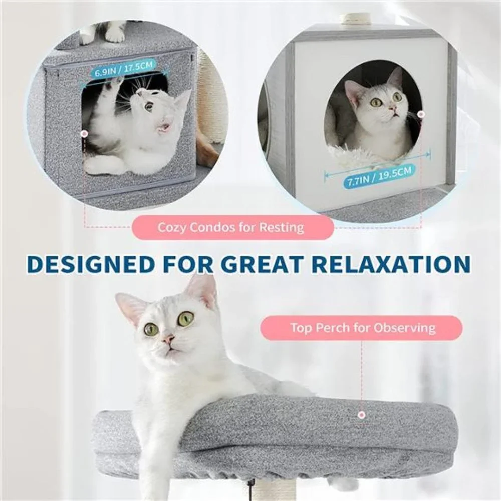 Modern Cat Tower, Wood Cat Tree with Scratch Post and Top Perch Bed, 20 Lbs